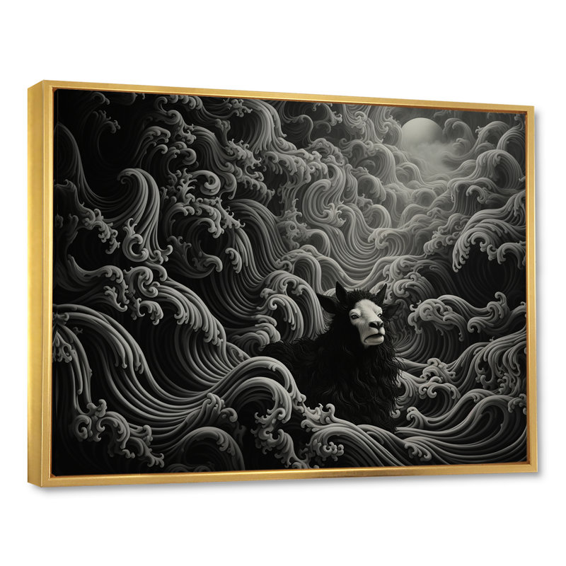 Portrait abstrait de chèvre noir et blanc III - Chèvre, art mural, Cadre flottant doré, H 30 po x l 40 po x P 1,5 po