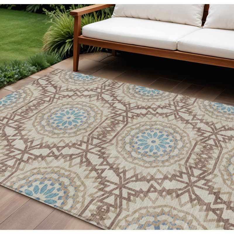 Tapis extérieur lavable à motif de médaillon brun kaki et taupe 10 pi x 14 pi
