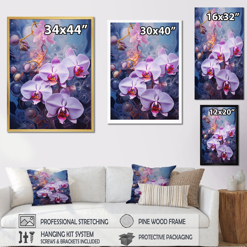 " Purple Orbiting Orchids Collage ", Gold Single Picture Framed, 40" H x 30" W x 1.5" D