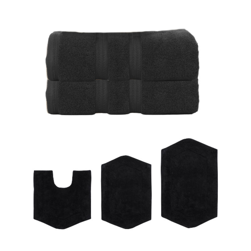 Bryd Collection 100% Soft Cotton 2 Pc Bath Towel Set & 3 Pc Bath Rug Set, (Set of 5), Black