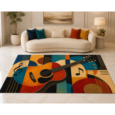 Tapis « Ultra Fin » 152 x 213 cm, motif guitare abstrait moderne, idéal pour la chambre, le salon et le bureau à domicile. Moquette douce à poils courts avec envers antidérapant en silicone.