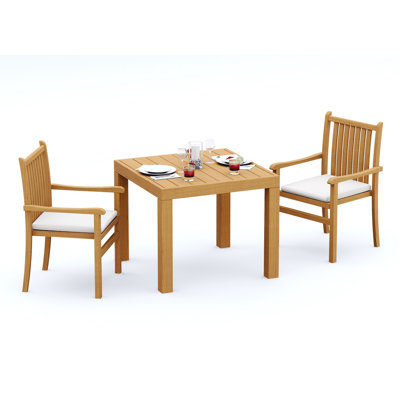 Ensemble de salle à manger 4 pièces en bois de teck de qualité A: table carrée de 36 po et 3 chaises empilables Angarano # 11CH0803