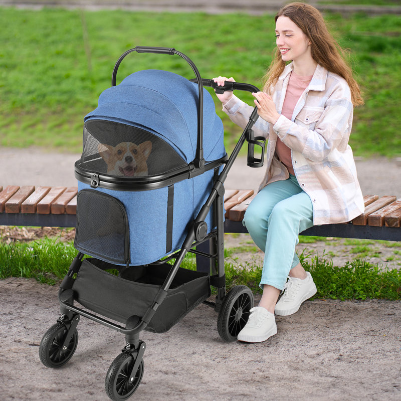 Pirecart 4-wheel Stable Pet Stroller For Medium Dogs/ Cats (55lbs Max) -3-in-1 Convertible Design With Removable Carrier & One-click Folding Mechanism