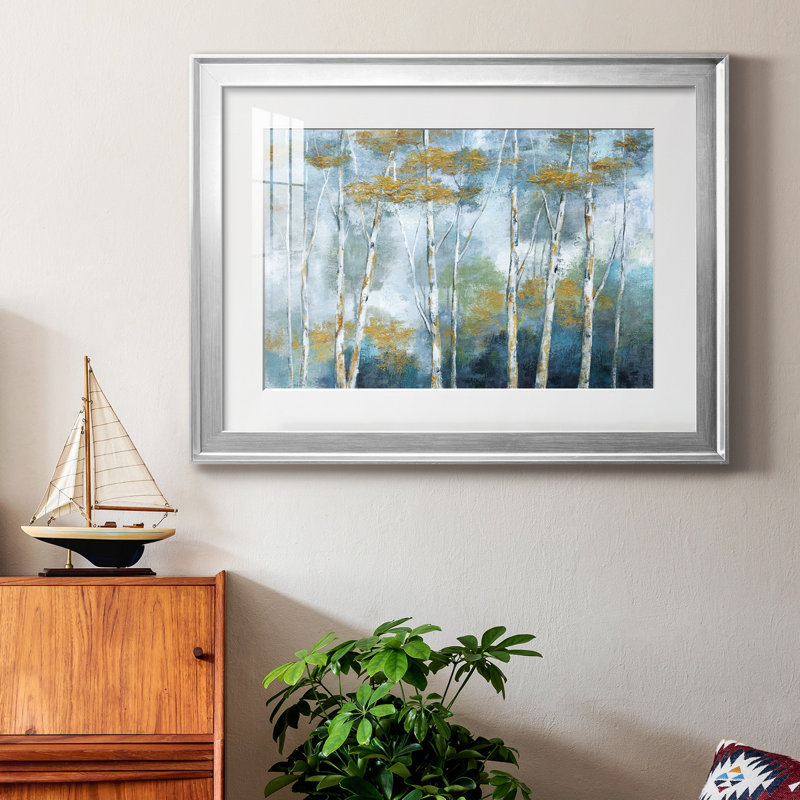 Indigo Forest - peinture encadrée, Papier avec cadre argenté, H 26,5 po x l 36,5 po x P 1,5 po, Blanc mat