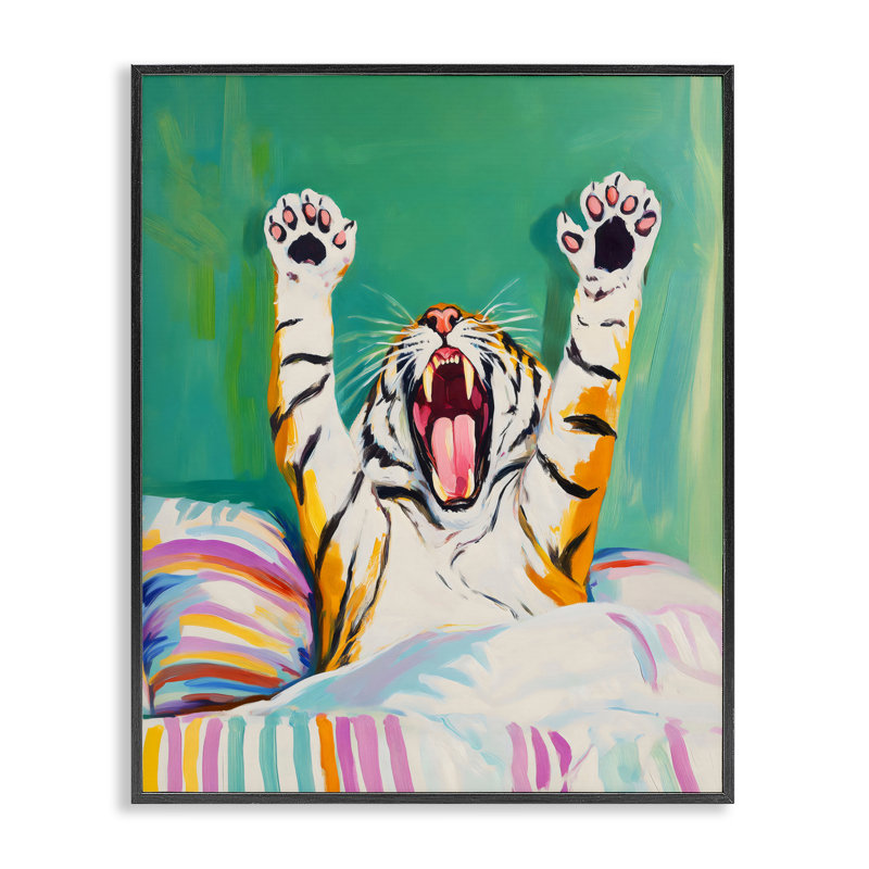 «Big Tiger Morning Yawn», estampe numérique, conception par Arlington Prints, H 14 po x l 11 po, Giclée encadrée noir minuit