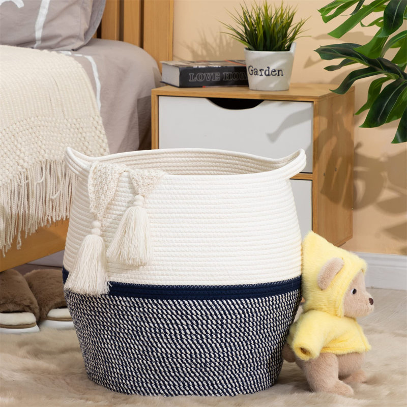 Laundry Basket with Handles, White/Blue