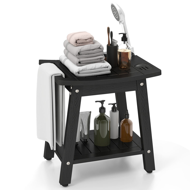 Shower Bench Seat HIPS Shower Stool w/Handle Shower Head & Soap Holder, Black