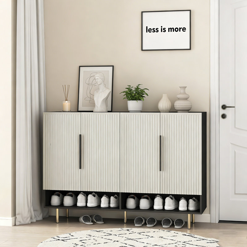 Buffet, armoire à chaussures avec 4 portes, grande armoire de rangement pour chaussures moderne avec tablettes réglables pour le vestibule, armoire à chaussures noire pour le salon, la chambre à coucher