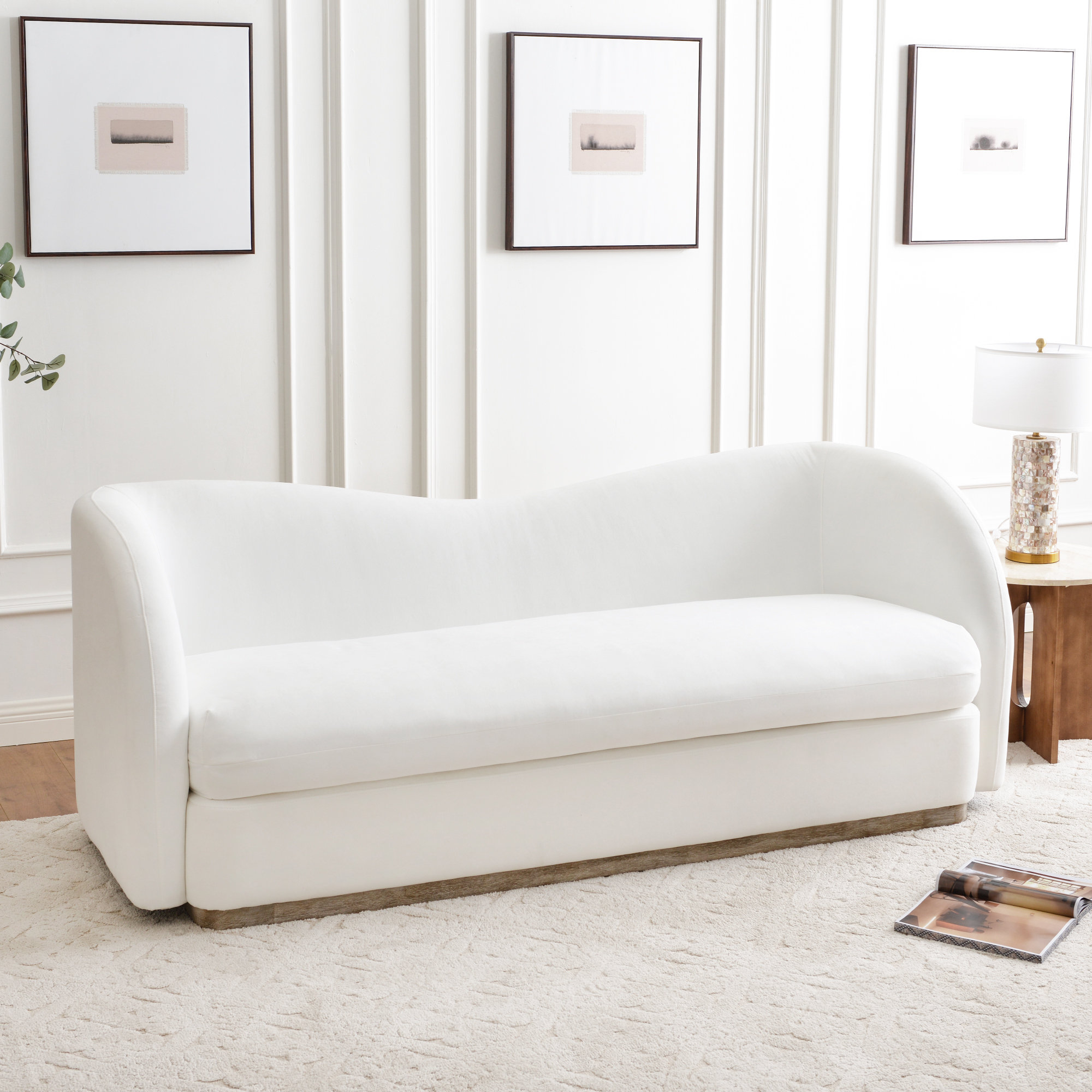  84" Wide Polyester Blend Upholstered Curved Sofa With Solid Wood Base, White