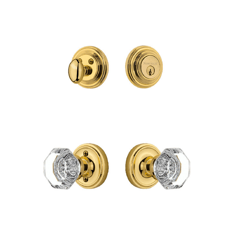 Nostalgic Warehouse Classic Rosette Entry Set with Waldorf Crystal Knob, Unlacquered Brass, 2.75