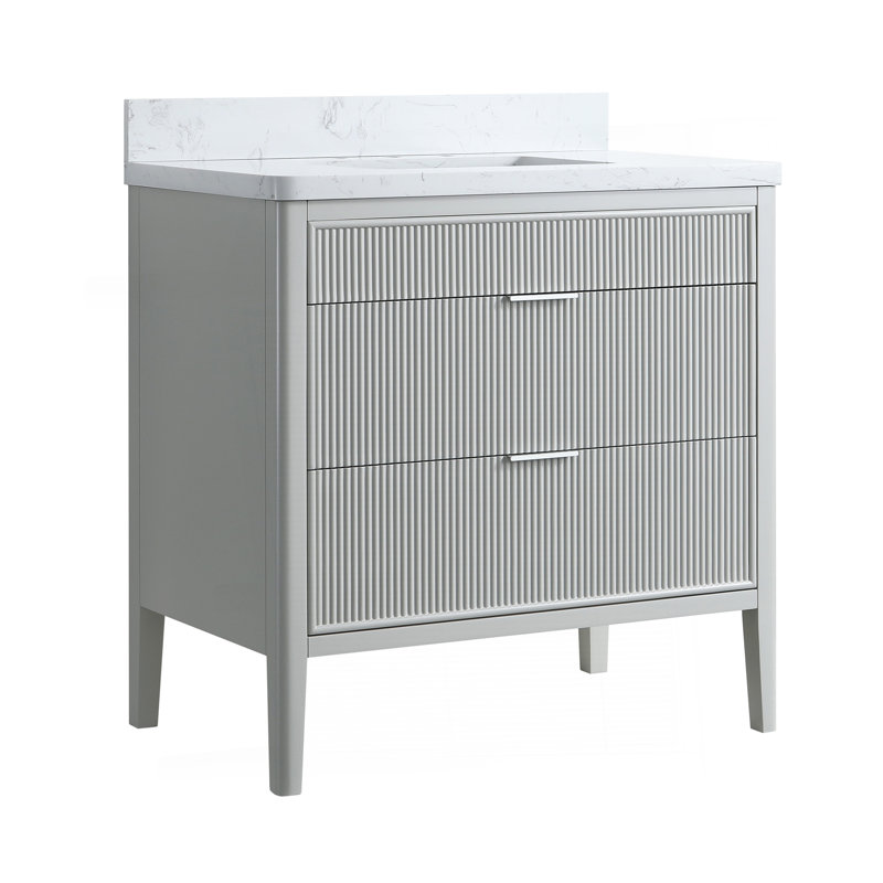 Ensemble de meuble-lavabo sur pied autoportant de 36 po avec 2 ensembles de poignées et plateau en marbre d'ingénierie entièrement assemblé