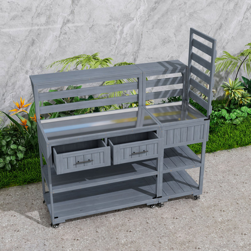 Chariot de préparation pour barbecue et banc d'extérieur avec plateau en acier inoxydable, roues verrouillables et rangement