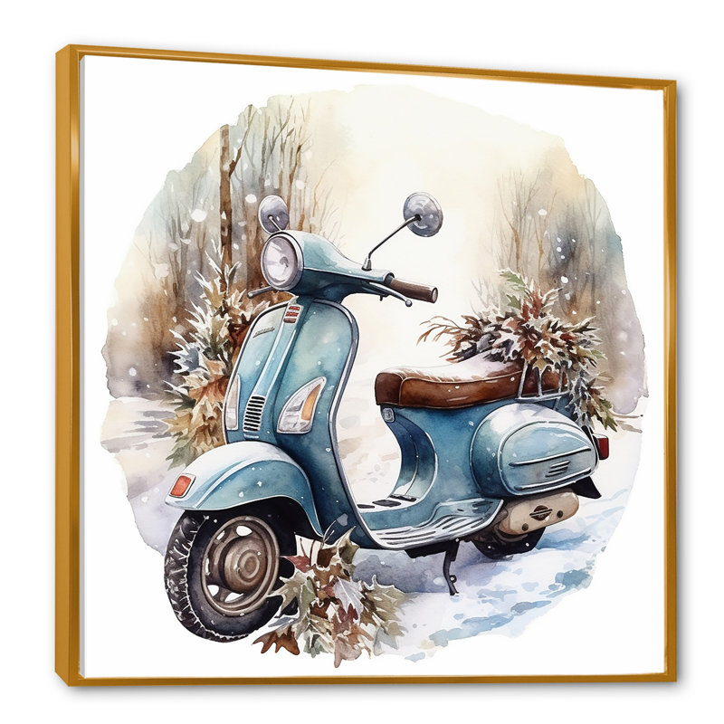 Charme de scooter en hiver, Cadre flottant doré, H 30 po x l 30 po x P 1 po