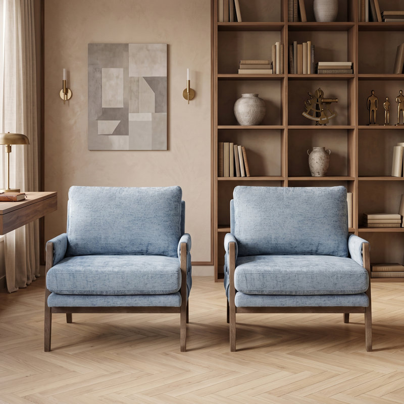 Ensemble de 2 chaises avec accoudoirs en chenille 30 po Mid-Century, Chenille bleu