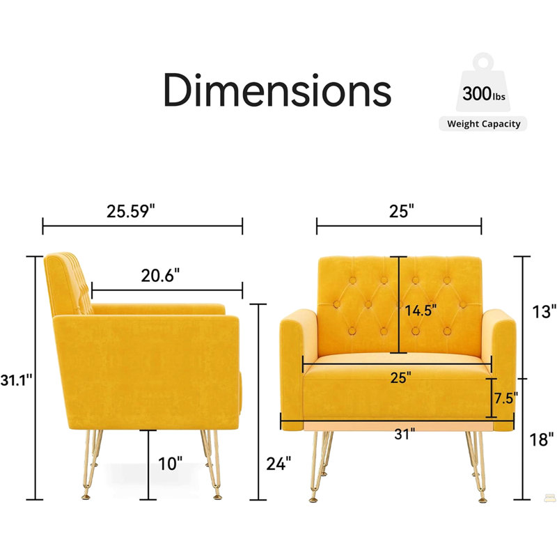 Fauteuil en velours capitonné avec canapé moderne, Jaune