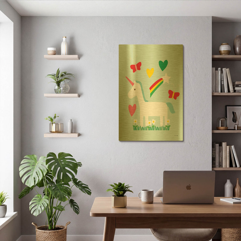 «Unicorn Fun II» par Ann Kelle, art mural en métal doré, 12 po x 16 po, 24 po x 36 po