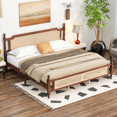 King Pine Wooden Bed With Rattan Headboard And Footboard, With Central Enhanced Bed Platform,walnut