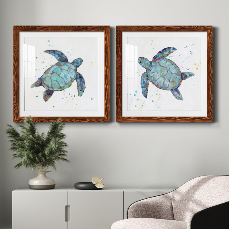 Bulle bleue tortue I - ensemble de 2 reproductions d'art, Papier, cadre noyer, H 24 po x l 48 po x P 1 po