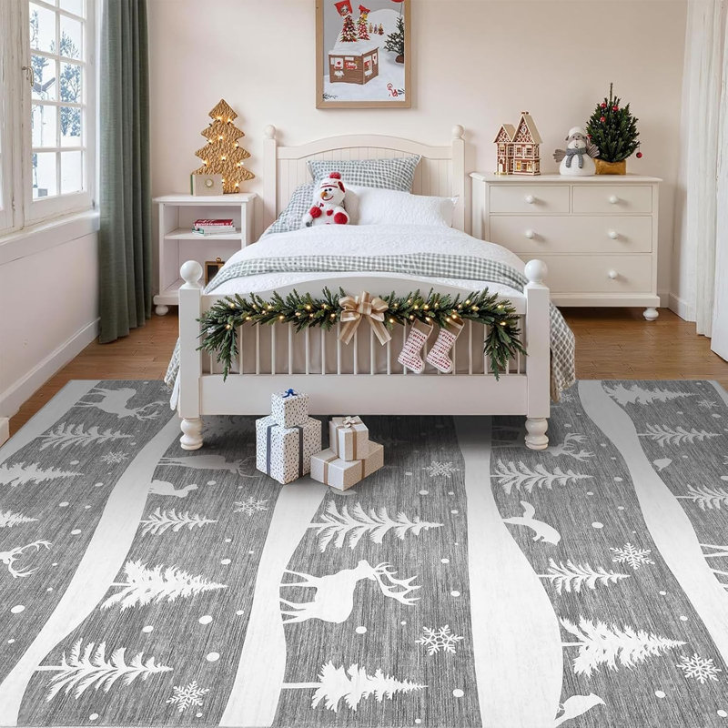Tapis de Noël lavable à poils courts et antidérapant pour la cuisine, le vestibule ou le salon, Rectangle 4pi x 6 pi