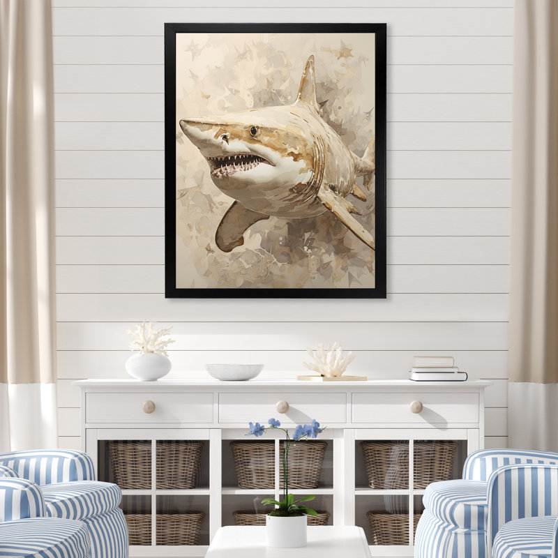 Peinture de requin minimalisme en beige doré III sur toile, Cadre simple noir, H 32 po x l 16 po x P 1 po