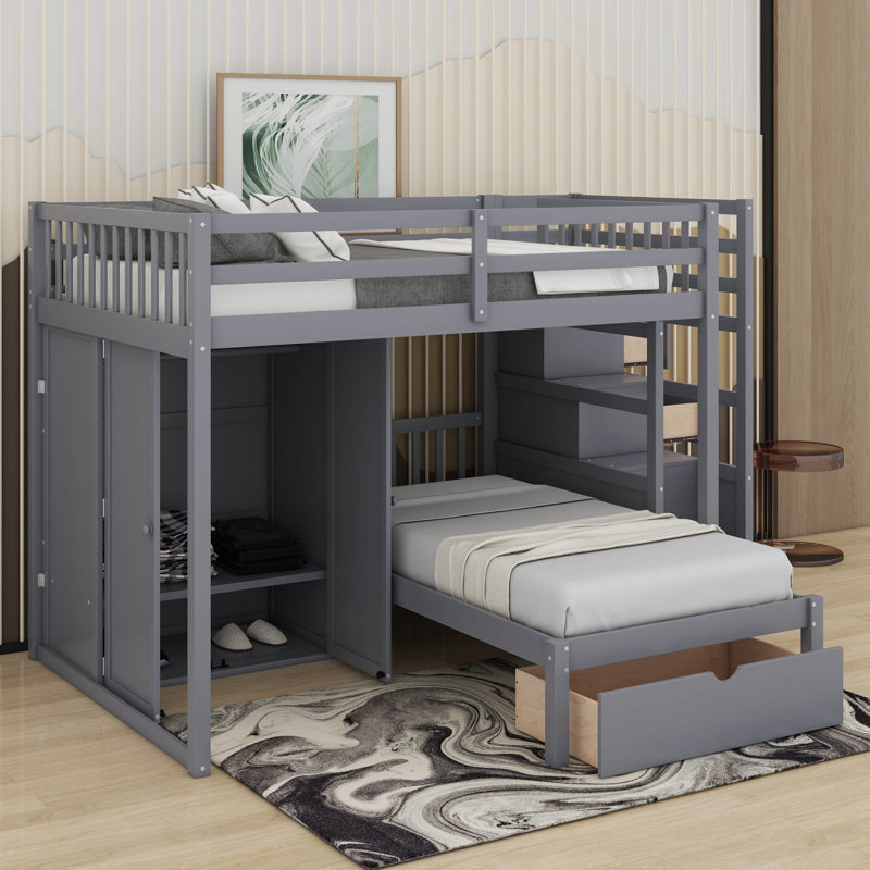 Lit superposé double au-dessus de simple avec tiroirs et garde-robe