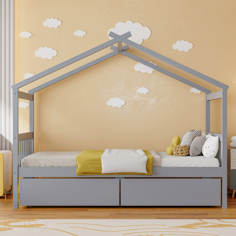 Lit simple, maison en bois avec tiroirs, Gris, Lit simple