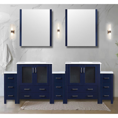 Worsham 96 In. Wide Navy Blue Double Bath Vanity With White Ceramic Top, Solid Wood Construction, Soft - Close Functionality, 2 Cabinets & 13 Drawers For Abundant Storage, Scratch Counter, Pre Drilled Easy