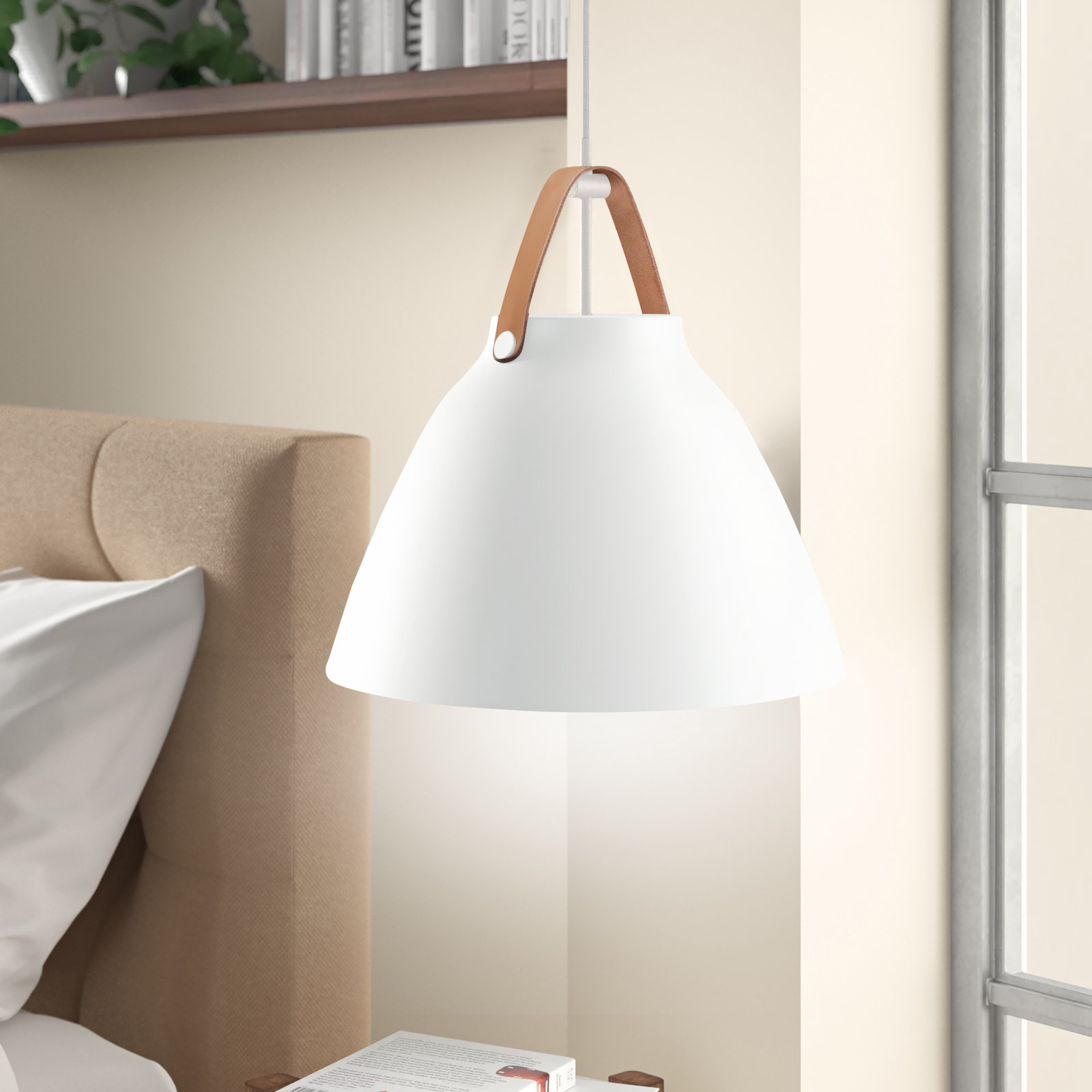 Gianni 1 - Light Single Dome Pendant, Tan Leather/White, 17.75" H x 19" W x 19" D