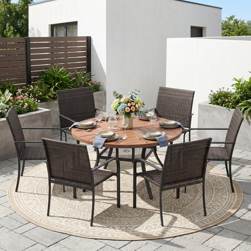 6-Person Round Patio Dining Set With PE Wicker Chairs, Brush Wood Brown