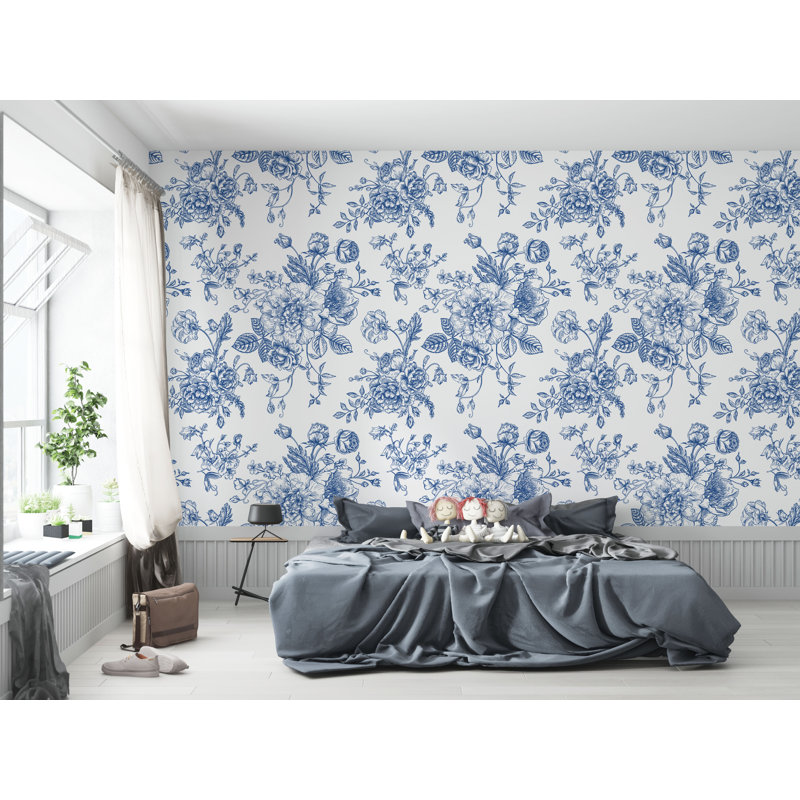 Flowers Pattern Wall Mural Blue Floral Wallpaper, 27.96" L x 39" W