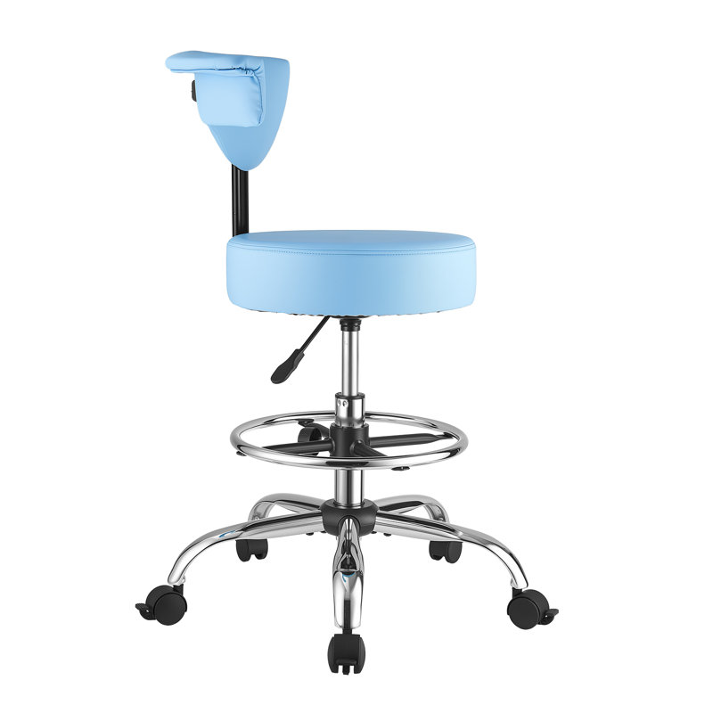 Tabouret à roulettes avec support pour le dos, capacité de poids de 500 lb, hauteur réglable, siège ergonomique en similicuir à coussin épais, chaise à roulettes ronde pivotante à 360 °