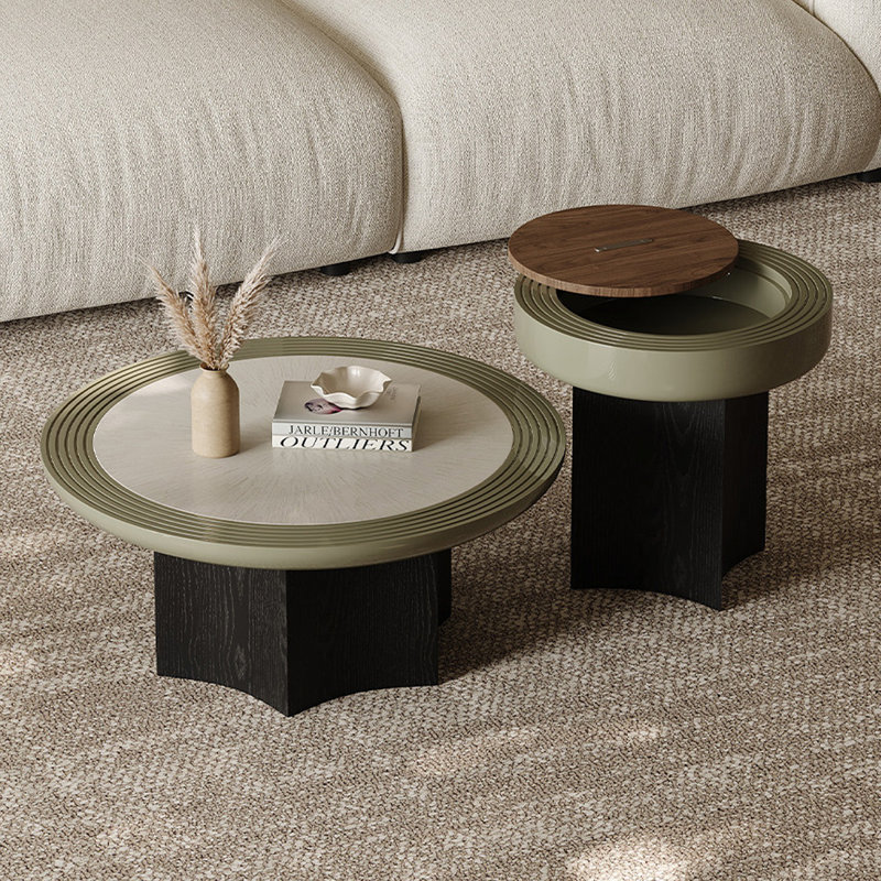 Ensemble de tables basses rondes en bois fritté noir et vert + bois manufacturé