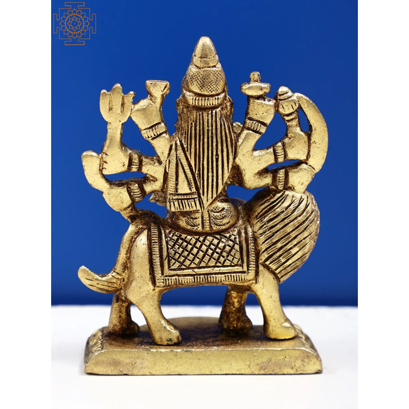 3" Small Brass Goddess Durga Sculpture – Handcrafted Ashtabhuja Deity on Lion for Protection and Home Altar Decor