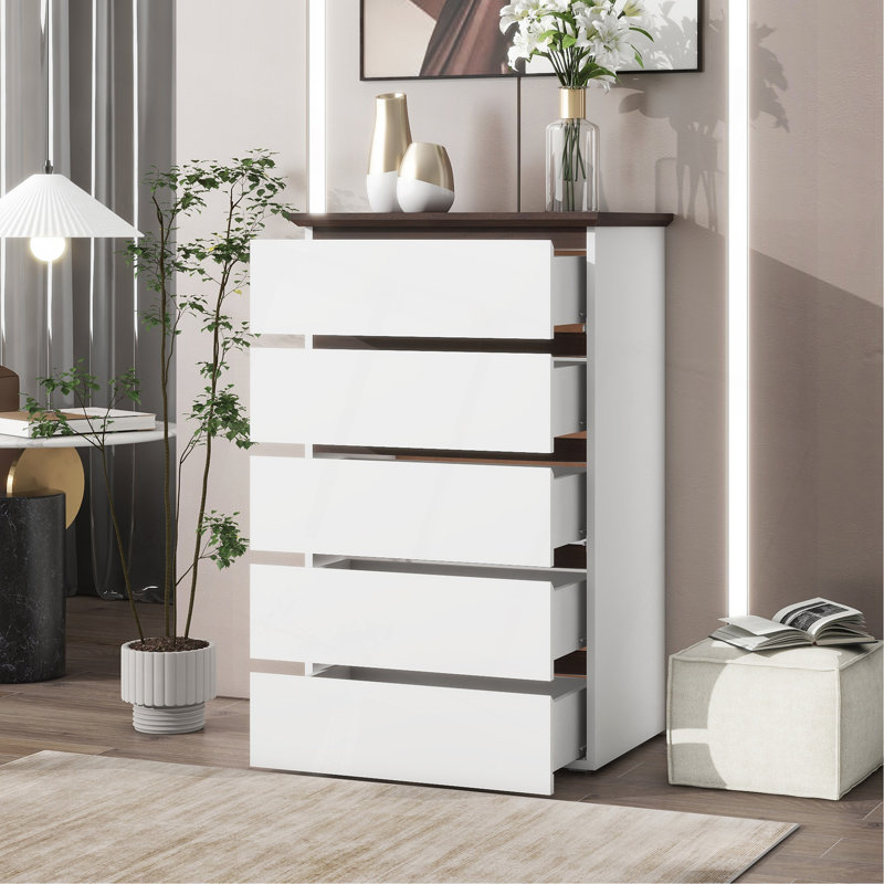 Commode 5 tiroirs pour chambre à coucher, commode à tiroirs moderne, commode avec rangement couleur blanc et noyer