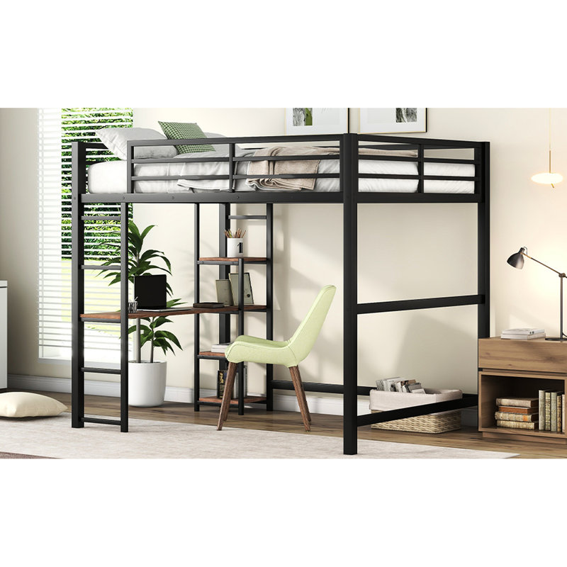 Lit mezzanine double noir avec bureau et rangement - Structure en métal robuste pour un rangement sécuritaire pour dormir