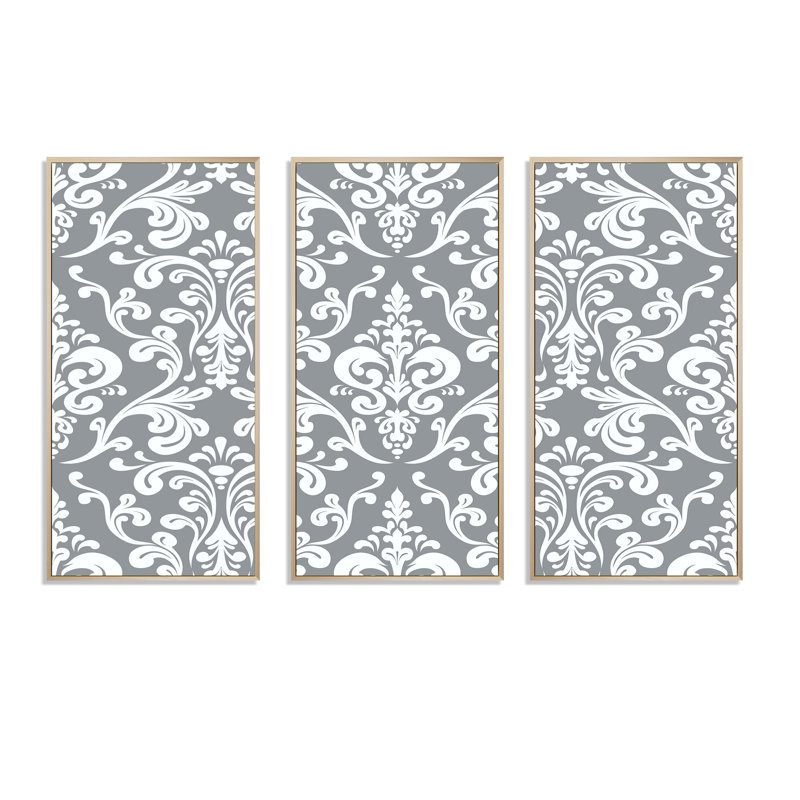 Damas gris et blanc - ensemble d'art mural moderne sur toile encadrée 3, H 20 po x l 36 po x P 1 po, Brun