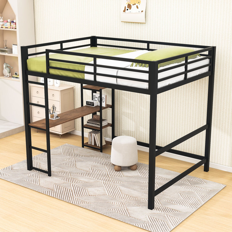 Lit mezzanine double avec tablettes intégrées, bureau et échelle