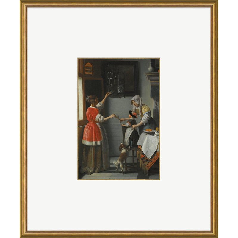 Interior With A Child Feeding A Parrot Print by Pieter De Hooch