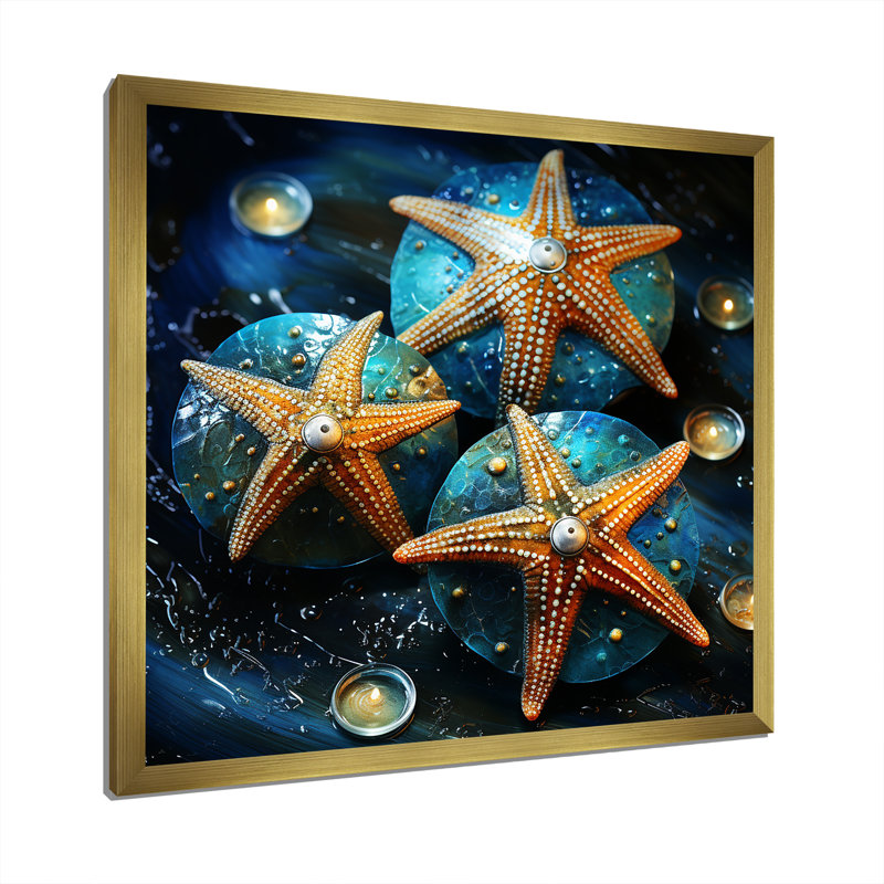 Étoile de mer jaune sur pierre gemme océanique - étoile de mer, art mural, Or, H 36 po x l 36 po