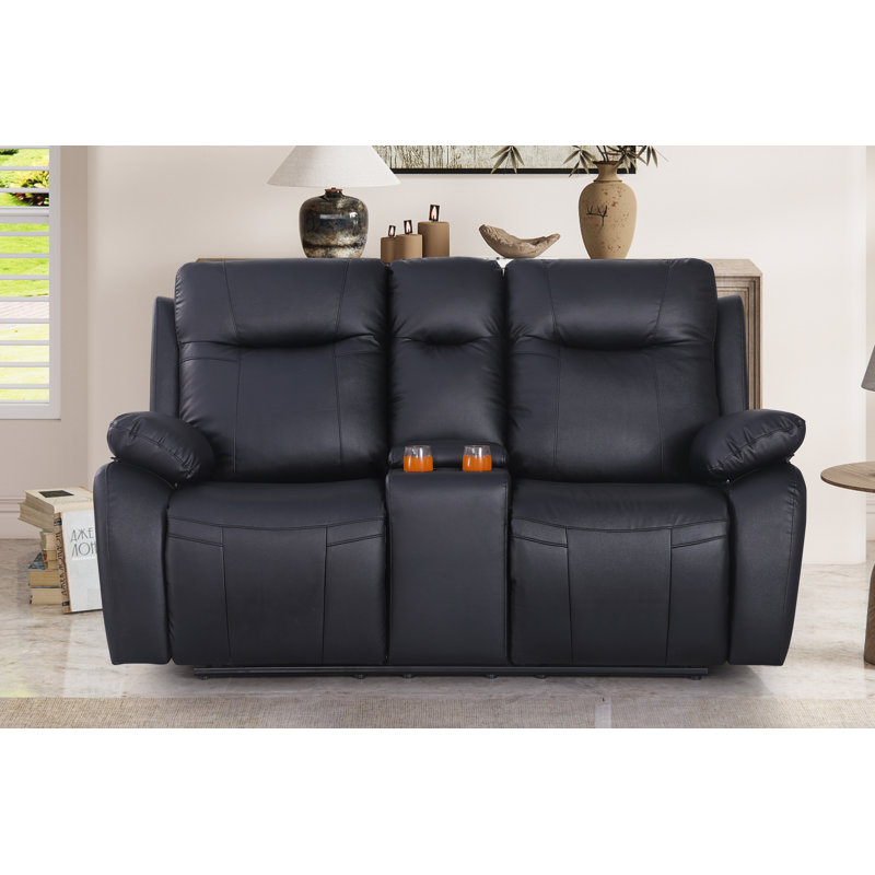 Bhuvi 70.47'' Faux Leather Reclining Loveseat, Black Faux Leather
