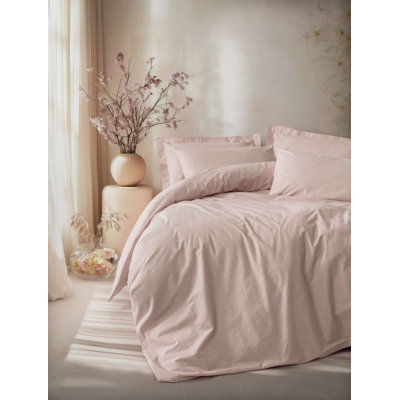 Ensemble de housse de courtepointe 100% coton double couleur Ranforce, couleur poudre | Comprend une housse de couette de 78,7 po x 86,6 po, un drap plat de 94,5 po x 102,4 po et des taies d'oreiller de 19,7 po x 27,6 po (2) | Impression réactive, lavable à la machine, fermeture à boutons