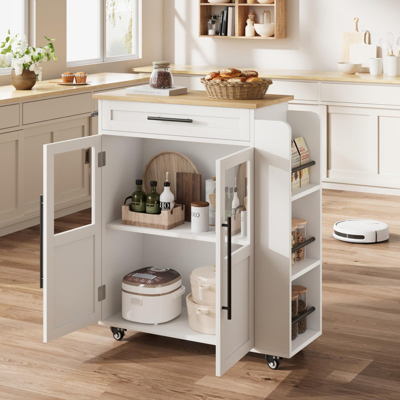 Îlot de cuisine roulant en bois avec tiroir, chariot de cuisine avec armoire de rangement sur roulettes, Blanc/naturel