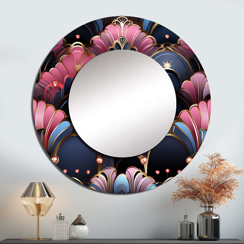 Motif damassé rose et bleu art déco - miroir décoratif damassé, grand miroir mural rond Boho, impression sur métal