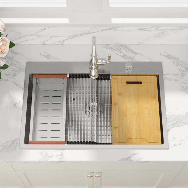 33" L x 22" W Single Bowl Drop-In Kitchen Sink Stainless Steel Workstation Sink with Z Shape Ledge