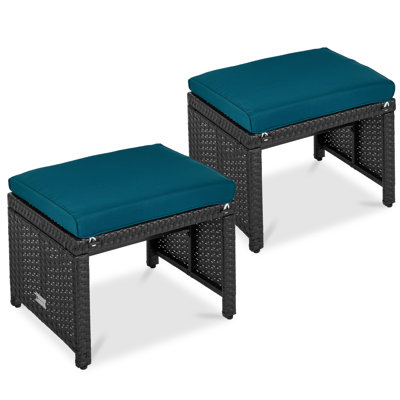 Set Of 2 Multipurpose Patio Wicker Ottomans W/ Removable Cushions - Peacock Blue/Black