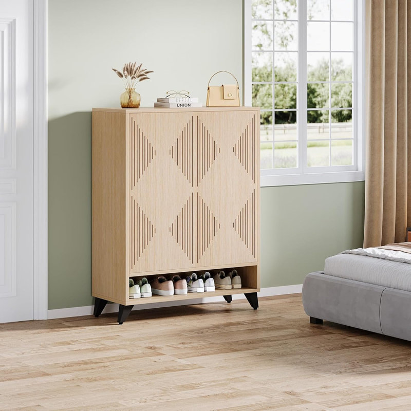 31.49" Modern 6-Tier Natural Wood  Shoe Cabinet With Doors