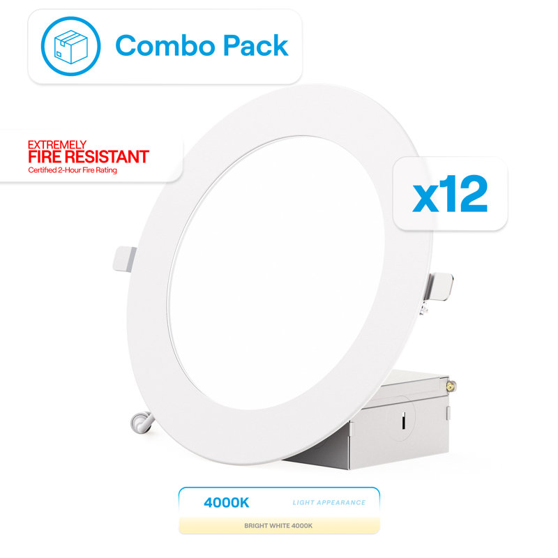 Ensemble de plafonniers encastrés à DEL de 6 pouces Infibrite, résistant au feu pendant deux heures, lumière blanche froide de 4 000 kelvins, finition blanche, 12 watts, 1050 lumens, intensité variable, indice d'humidité, ensemble de 12