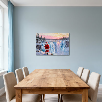 Christmas Santa Claus At Frozen Waterfall Sunset