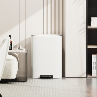 13 Gallon 50L Kitchen Foot Pedal Operated Soft Close Trash Can - Stainless Steel Ellipse Bustbin - White