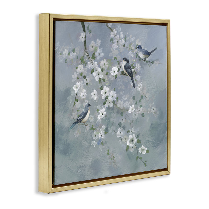 Cadre flottant Serene Birds on White Blooms, design par Nan, H 25 po x l 25 po, Cadre flottant métallique doré